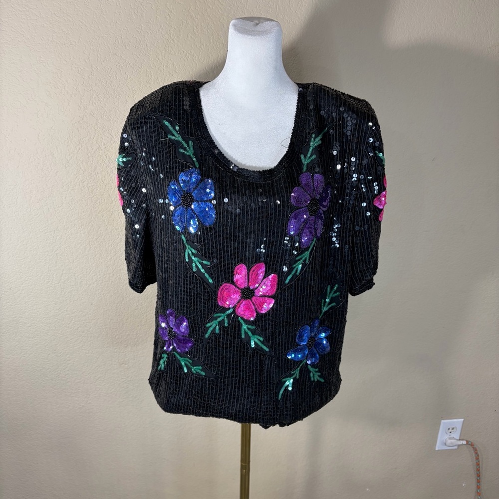 VtG Royal Feelings Silk Sequin Beaded Silk Floral Top Whimsigoth Fairy Sz XL